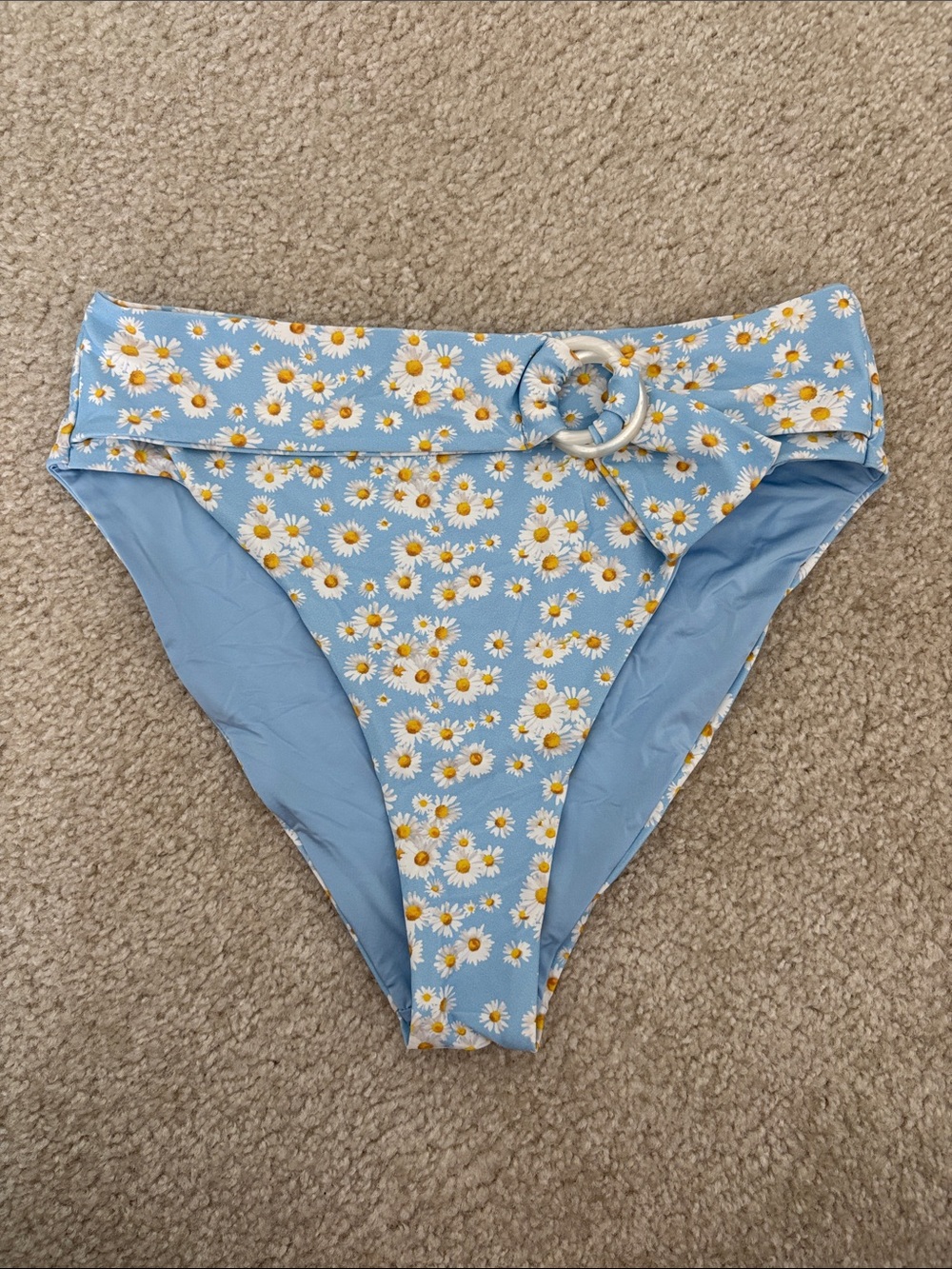 Onia High-Waist Daisy Print Bikini Bottom with Buckle - Light Blue